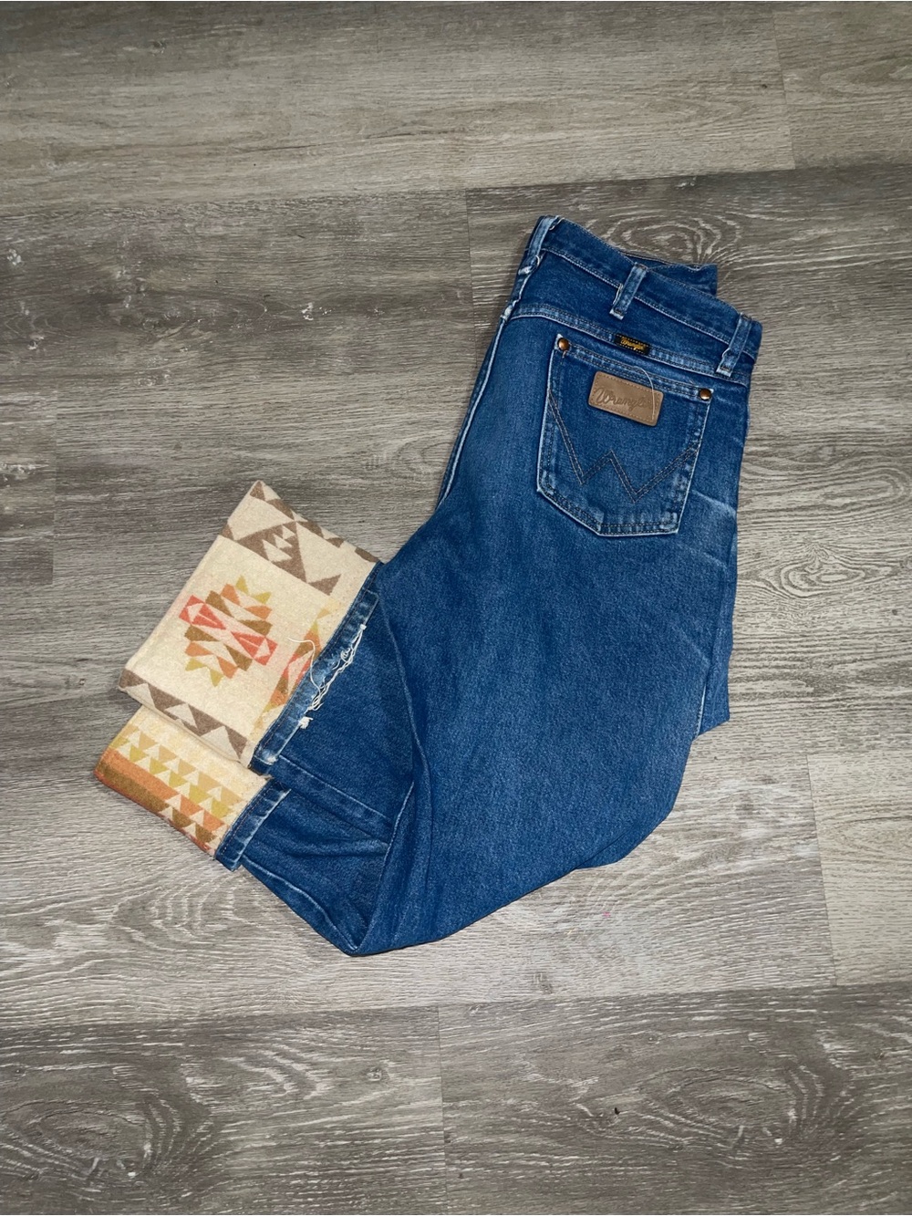 Wrangler Blue Denim Jeans with Patterned Cuff upcycled jeans
